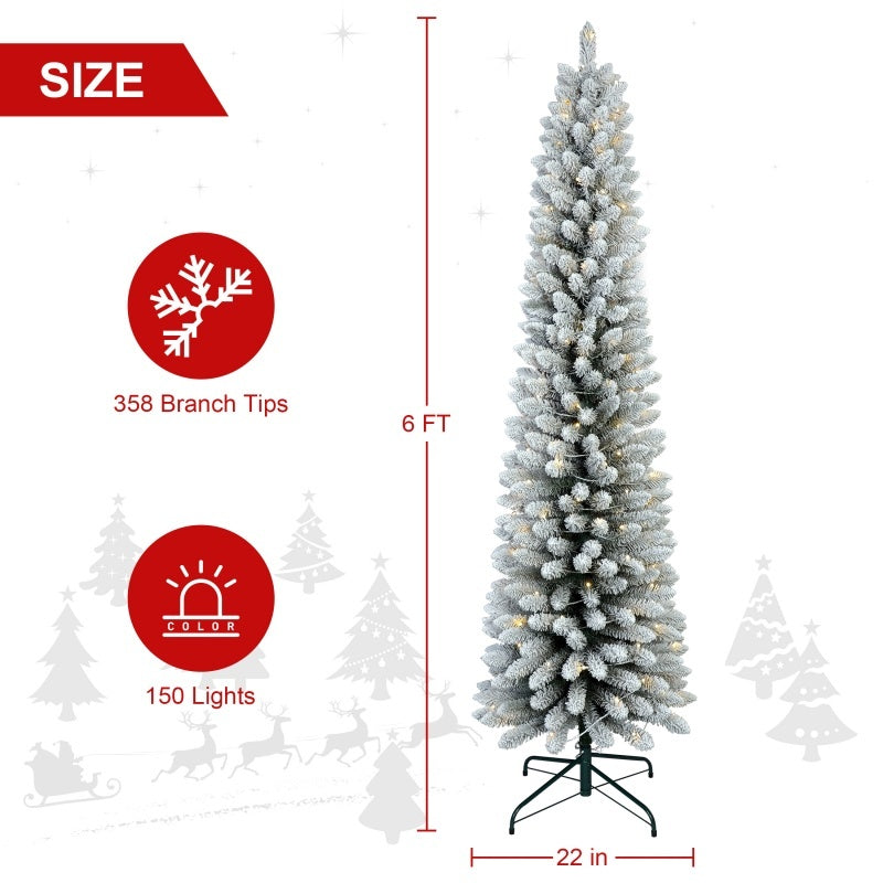 Pre-Lit Flocked Pencil Christmas Tree – 5FT/6FT/7FT