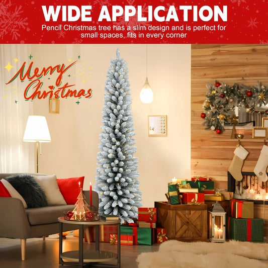 Pre-Lit Flocked Pencil Christmas Tree – 5FT/6FT/7FT