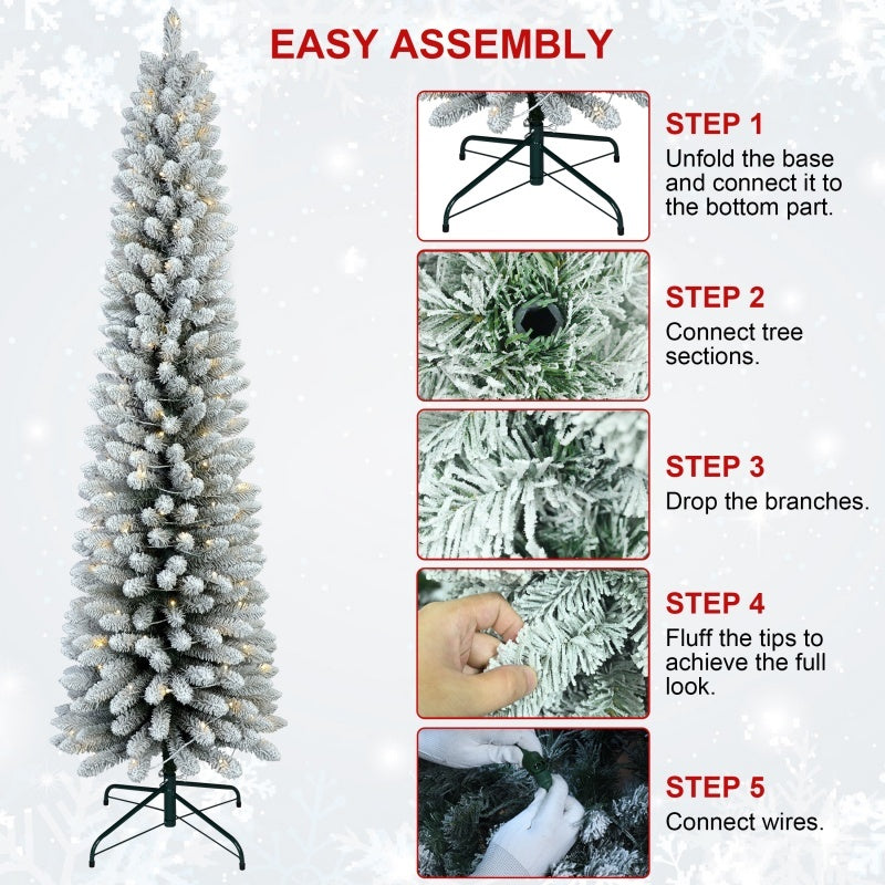 Pre-Lit Flocked Pencil Christmas Tree – 5FT/6FT/7FT