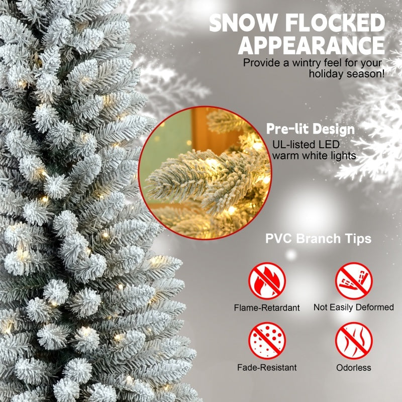 Pre-Lit Flocked Pencil Christmas Tree – 5FT/6FT/7FT